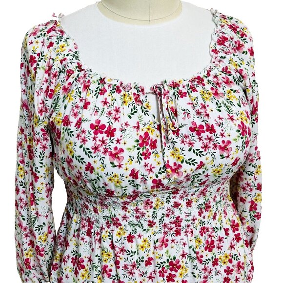 No Boundaries - Women's Junior's White, Pink Floral Print Gathered Peplum XL - Picture 2 of 11